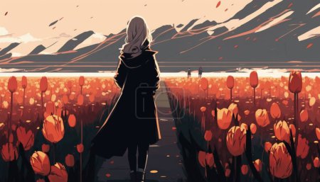 Frau in langem Mantel steht in einem Tulpenfeld
