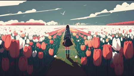 woman in a long coat standing in a field of tulips