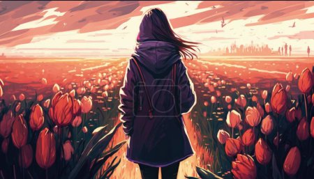 Téléchargez les photos : Femme en manteau long debout dans un champ de tulipes - en image libre de droit