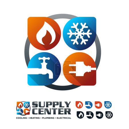 Téléchargez les illustrations : Heating Cooling HVAC Electrical Plumbing Equipment and Service Pin Area Brand Logo Icon Vector Design Concept - en licence libre de droit