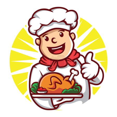 Illustration for Chef cartoon holding a tray of roast chicken and give a thumbs up logo character mascot illustration vector - Royalty Free Image