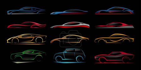 Concepto coche silueta logotipo icono conjunto de colección. Auto garaje concesionario elementos de diseño de identidad de marca. ilustraciones vectoriales.