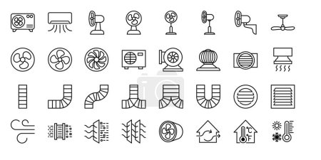 Illustration for Ventilation equipment line icons. Air conditioning, hvac, cooling appliances, climate system, aeration. Household and industrial ventilator thin linear signs for store. Orange color. Editable stroke - Royalty Free Image