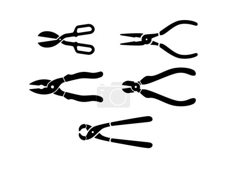 Illustration for Pliers tool icon set with scissors, lineman, needle nose, diagonal, slip join pliers logo clip art vector - Royalty Free Image