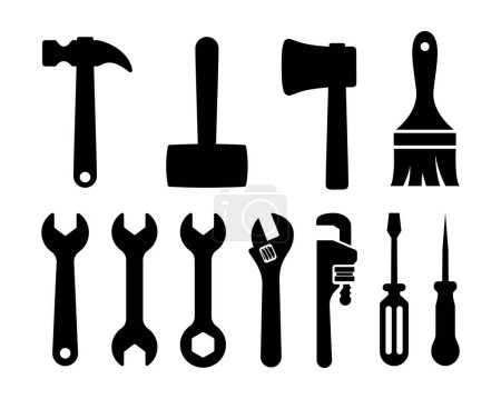 Illustration for Tool icon set with hammer, mallet, paintbrush, wrench, screwdriver, bradawl clip art logo vector - Royalty Free Image