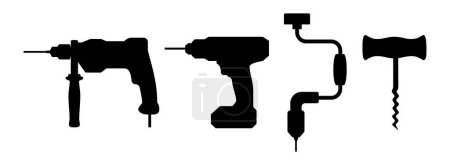 Illustration for Tool logo icon set with cordless, electric, drill, caulking gun, brace, and corkscrew clip art vector - Royalty Free Image