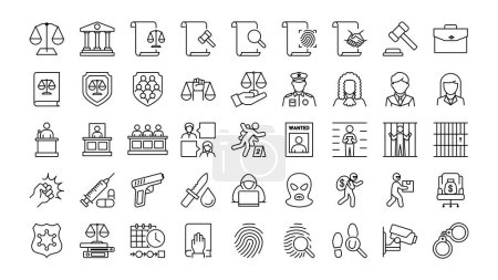 Law and Justice line icons set. Includes Court, Inspector, Lawyer, Guilty, Arrest, and More.