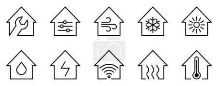 Ensemble icône de concept de maison de refroidissement de chauffage. installer et entretenir la collection de symboles du système d'appareils ménagers.