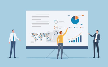 Illustration for Flat vector business team meeting. working training collaboration. Businessman presents infographic data on projector screen dashboard concept. business people - Royalty Free Image