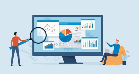 Illustration for Vector business data analytics research and Data Scientist team meeting concept. with business people working together on a report graph dashboard monitor. and finance investment planning concept - Royalty Free Image