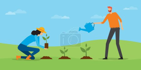 Foto de Vector plano ilustración personas plantar un árbol y regar el concepto de plantas - Imagen libre de derechos