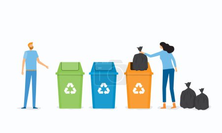 Foto de Vector plano ilustración tirar basura con cubo de basura Reciclar y reciclar basura, concepto - Imagen libre de derechos