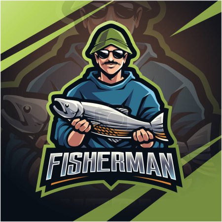 Téléchargez les photos : Mascotte de pêcheur esport logo design - en image libre de droit