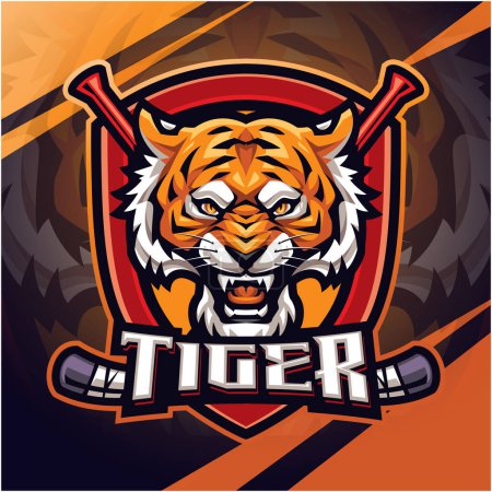 Téléchargez les illustrations : Conception de logo de mascotte d'esport de hockey tigre - en licence libre de droit
