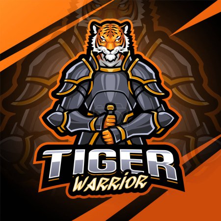 Téléchargez les illustrations : Mascotte de guerrier tigre esport logo design - en licence libre de droit