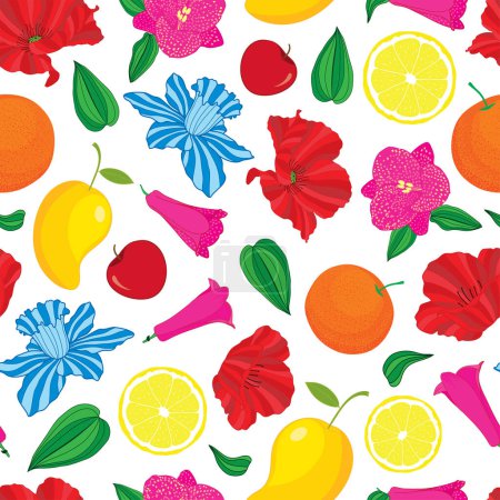 Foto de Ilustración raster. Flores coloridas y frutas sobre fondo blanco diseño de patrón de repetición sin costuras. - Imagen libre de derechos