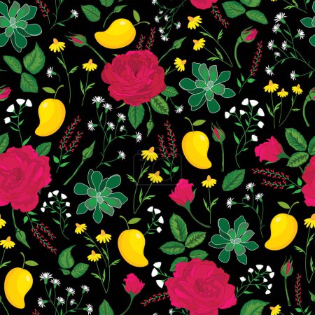 Foto de Ilustración vectorial. Rosas y mangos con flores silvestres sobre fondo negro patrón de repetición sin costuras. - Imagen libre de derechos