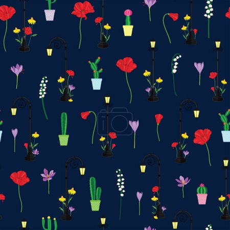 Foto de Ilustración vectorial. Flores de jardín de noche con lámpara de calle sobre fondo azul marino patrón de repetición sin costuras. - Imagen libre de derechos