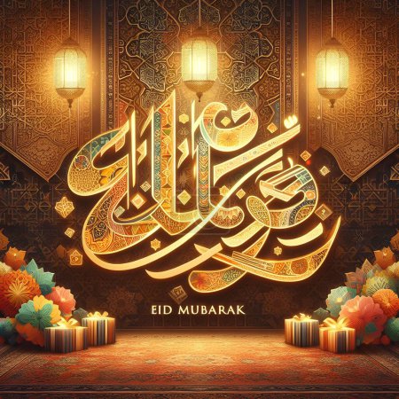 Eid Mubarak Arabic Calligraphy greetings Islamic festival. suitable for Eid ul Fitr, Eid ul Adha, Happy eid Mubarak typography Wishing holiday lettering decorative Religious background.