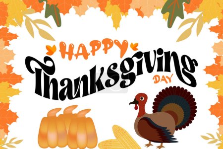 Happy Thanksgiving day vector Border with autumn leaves and Turkey hen, corn, Pumpkin. Thanksgiving festival banner, poster, greeting card, text lettering copyspace.