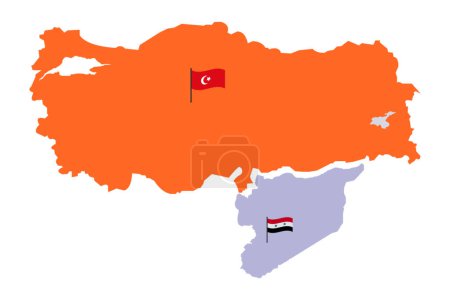 Illustration for Turkey Map and Syria Map with High detailed. Map of Turkey filled with Orange color. Syrian Map with Red white and black three color and star. Turkish Map with moon and star Relief map Vector. - Royalty Free Image