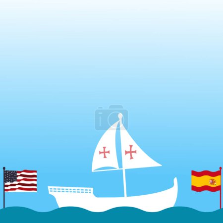 Ilustración de Columbus Day Copy Espacio Fondo con velero barco de vela. Christopher Columbus National USA Bandera de vacaciones con bandera americana, olas marinas, volante y brújula. Tema Discovery of America España - Imagen libre de derechos