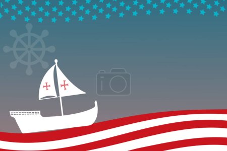 Illustration for Columbus Day Copy Space Background with Sailing ship sailboat. Christopher Columbus National USA Holiday banner with American Flag, sea waves, Steer Wheel and compass. Discovery of America Spain theme - Royalty Free Image