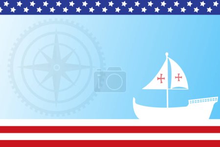 Illustration for Columbus Day Copy Space Background with Sailing ship sailboat. Christopher Columbus National USA Holiday banner with American Flag, sea waves, Steer Wheel and compass. Discovery of America Spain theme - Royalty Free Image