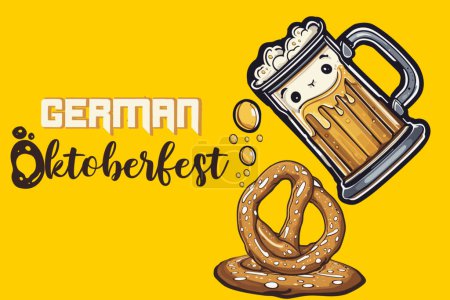 Ilustración de Octoberfest Holiday Background con Pretzel y vaso de cerveza stein. Celebrada fiesta del día del festival alemán de octubre Bavaria festival Banner. Taza de cerveza, pretzel gigante, taza con espuma Alimentos tradicionales de Alemania. - Imagen libre de derechos