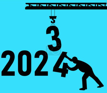 Frohes neues Jahr 2024 begrüßen Vektor-Design. Jahreswechsel von 2023 auf 2024. Ende 2023 und Anfang 2024. Buchstabe 3 Lifting per Kran Buchstabe 4 wird von einem Mann geschoben. Baukräne mit Nummern 2024