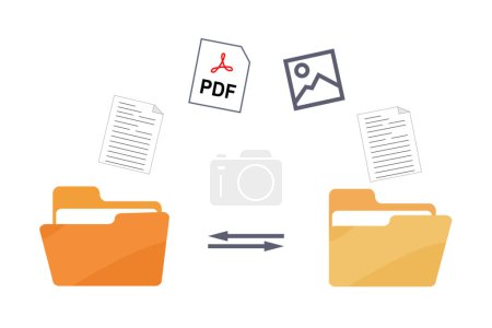 File transfer computer folder to folder. File sharing file exchange File copying and pasting upload and download concept. Transferring Document, Video, image and PDF Files, data backup Monitor Screen.