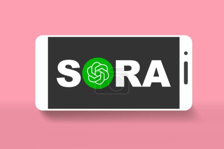 Sora AI logo online video generator on smartphone screen vector. Mobile phone with Sora icon. Sora is a artificial intelligence of text to video generator, video model of OpenAI chatGPT.