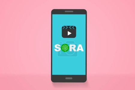 Sora AI logo generador de vídeo en línea en el vector de pantalla del teléfono inteligente. Teléfono móvil con icono de Sora. Sora es una inteligencia artificial de texto a generador de vídeo, modelo de vídeo de OpenAI chatGPT.