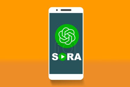Sora AI logo online video generator on smartphone screen vector. Mobile phone with Sora icon. Sora is a artificial intelligence of text to video generator, video model of OpenAI chatGPT.