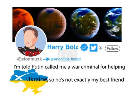 Téléchargez les photos : Le 9 avril 2023, Elon Musk a tweeté en réponse AnonOpsUnited On m'a dit que Poutine m'avait traité de criminel de guerre pour avoir aidé l'Ukraine.. - en image libre de droit