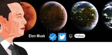 Téléchargez les photos : Portrait d'Elon Musk et son profil Twitter Portrait d'Elon Musk est un homme d'affaires, ingénieur et milliardaire américain. Fondateur, PDG et ingénieur en chef de SpaceX. - en image libre de droit
