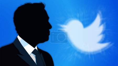 Téléchargez les photos : Silhouette d'Elon Musk devant bannière bleue avec logo Twitter en arrière-plan. Portrait et logo Twitter d'Elon Musk - en image libre de droit
