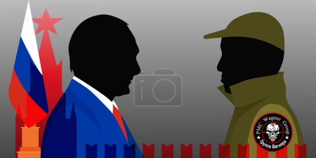 Photo for President of Russia Vladimir Putin and the head of PMC Wagner Yevgeny Prigozhin against the background of the Russian flag. - Royalty Free Image