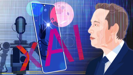 Foto de Elon Musk fundó xAI. Retrato de Elon Musk, robot e inscripción xAI. - Imagen libre de derechos