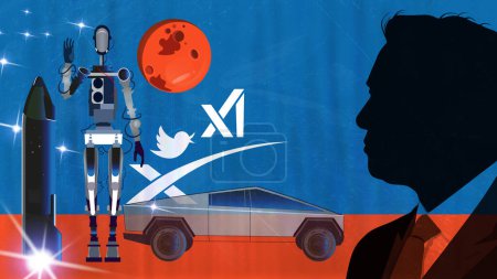 Téléchargez les photos : 2023 portrait of Elon Musk, starship, space x, Twitter and xAI, planet Mars, Starlink, Cybertruck,robot - en image libre de droit