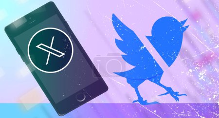 Foto de El nuevo logotipo de Twitter X en el grifo del teléfono y el borroso y antiguo logotipo de Twitter Bird. - Imagen libre de derechos