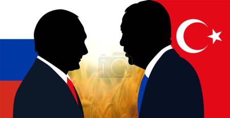 Photo for 2023. Meeting of Turkish President Erdogan and Russian President Vladimir Putin. Silhouette of Putin and Erdogan against the background of a wheat field and the flags of Turkey and Russia. - Royalty Free Image