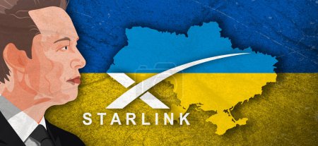 Téléchargez les photos : Carte de l'Ukraine est coloré dans les couleurs du drapeau de l'Ukraine. 27 février 2022 Elon Musk active le service Internet Starlink en Ukraine - en image libre de droit
