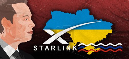 Téléchargez les photos : Portrait d'Elon Musk, logo Starlink et carte de l'Ukraine sur le fond du drapeau ukrainien et une vague dans la couleur du drapeau russe avec une texture grunge. - en image libre de droit