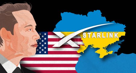 Téléchargez les photos : Portrait d'Elon Musk sur fond de drapeau américain, logo Starlink et carte de l'Ukraine. 27 février 2022 Elon Musk active le service Internet Starlink en Ukraine - en image libre de droit