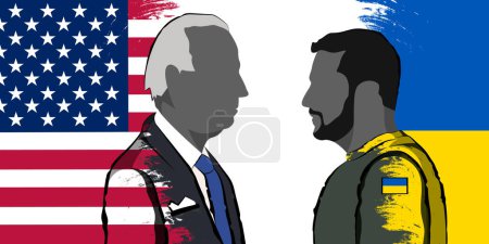 Photo for Silhouette of Ukrainian President Vladimir Zelensky and USA President Joe Biden the background of the Ukrainian and USA flags - Royalty Free Image