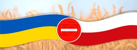 No traffic sign with Poland and Ukraine flags in the background and a wheat field in the background.