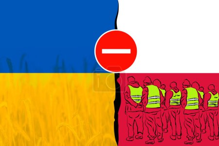 Protesting farmers of Poland against the background of the flags of Ukraine and Poland.