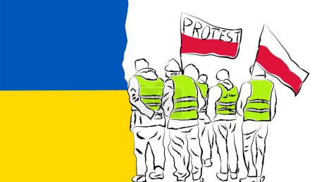 People hold flags of Poland with the inscription Protest next to the flag of Ukraine. Protest of people with Polish flags.