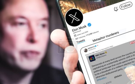 Foto de Poltava, Ucrania - 18 de marzo de 2024: Página de perfil de Elon Musk en Twitter con un smartphone en la mano. En el fondo hay un retrato desenfocado de Elon Musk. - Imagen libre de derechos